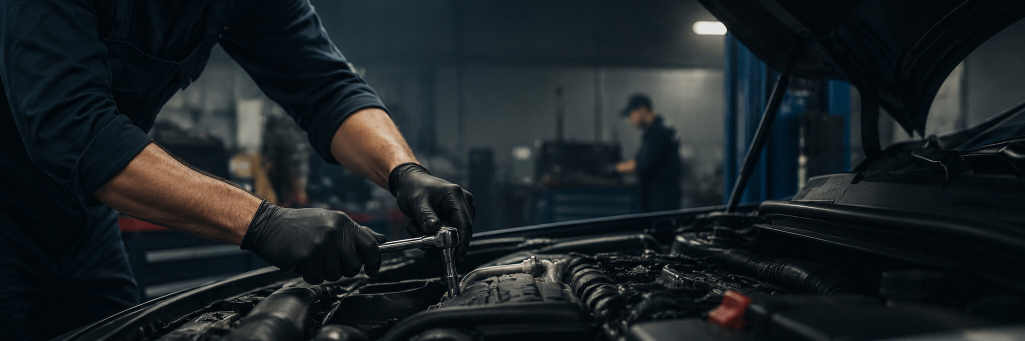 Mecánico trabajando cuidadosamente en el motor de un vehículo